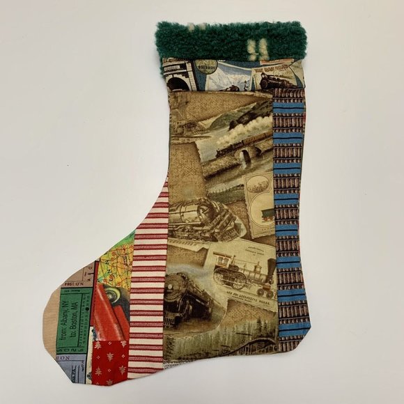 Unbranded Other - Christmas Stocking Quilted Patchwork Fabric Train Travel NEW 15” Handmade